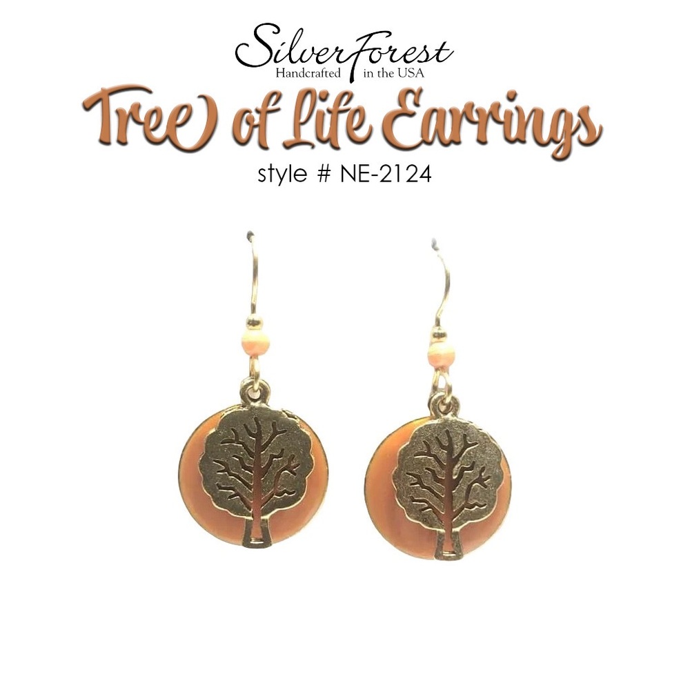Silver Forest Tree of Life Gold and Orange Earrings